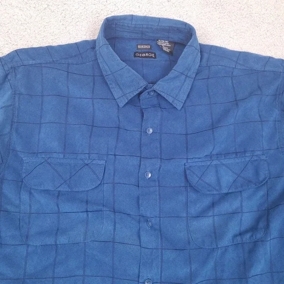 George Sueded Shirt Men's XL Blue‎ Plaid Long Sleeve Button Up Collared Soft - Picture 2 of 10